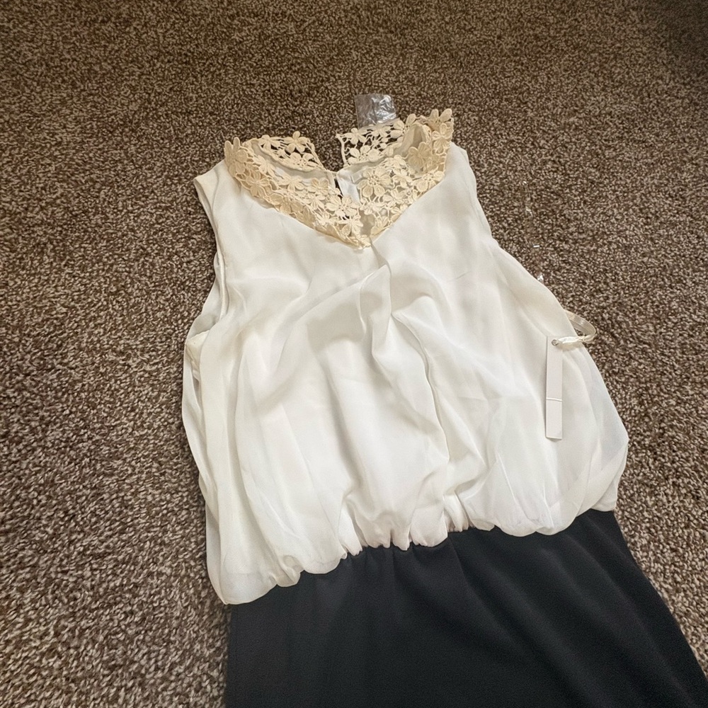 Elegant Lace Trimmed White and Black Women's Dress